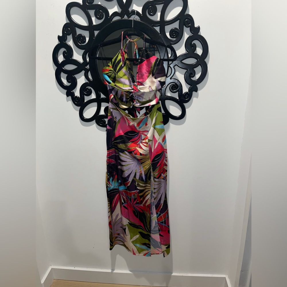 Zara Multicolor Tropical Maxi Dress with Pink & Green Accents
